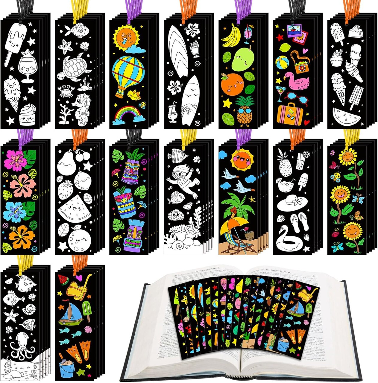 80 Pcs Summer Color Your Own Bookmarks with Ribbon Bulk DIY Coloring Crafts Beach Ice Cream Ocean Fruit Sun Bookmark Blank Paint Classroom Decorate for Teacher Student Summer